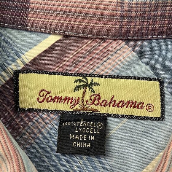 Tommy Bahama Short Sleeve Blue Plaid Shirt Button Down Mens Size L 100% Tencell - Picture 2 of 10